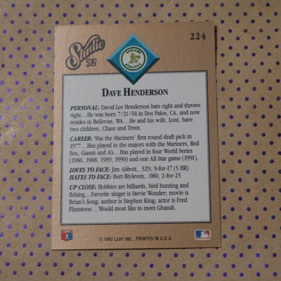 Dave Henderson #224 Baseball Card - Picture 2 of 2